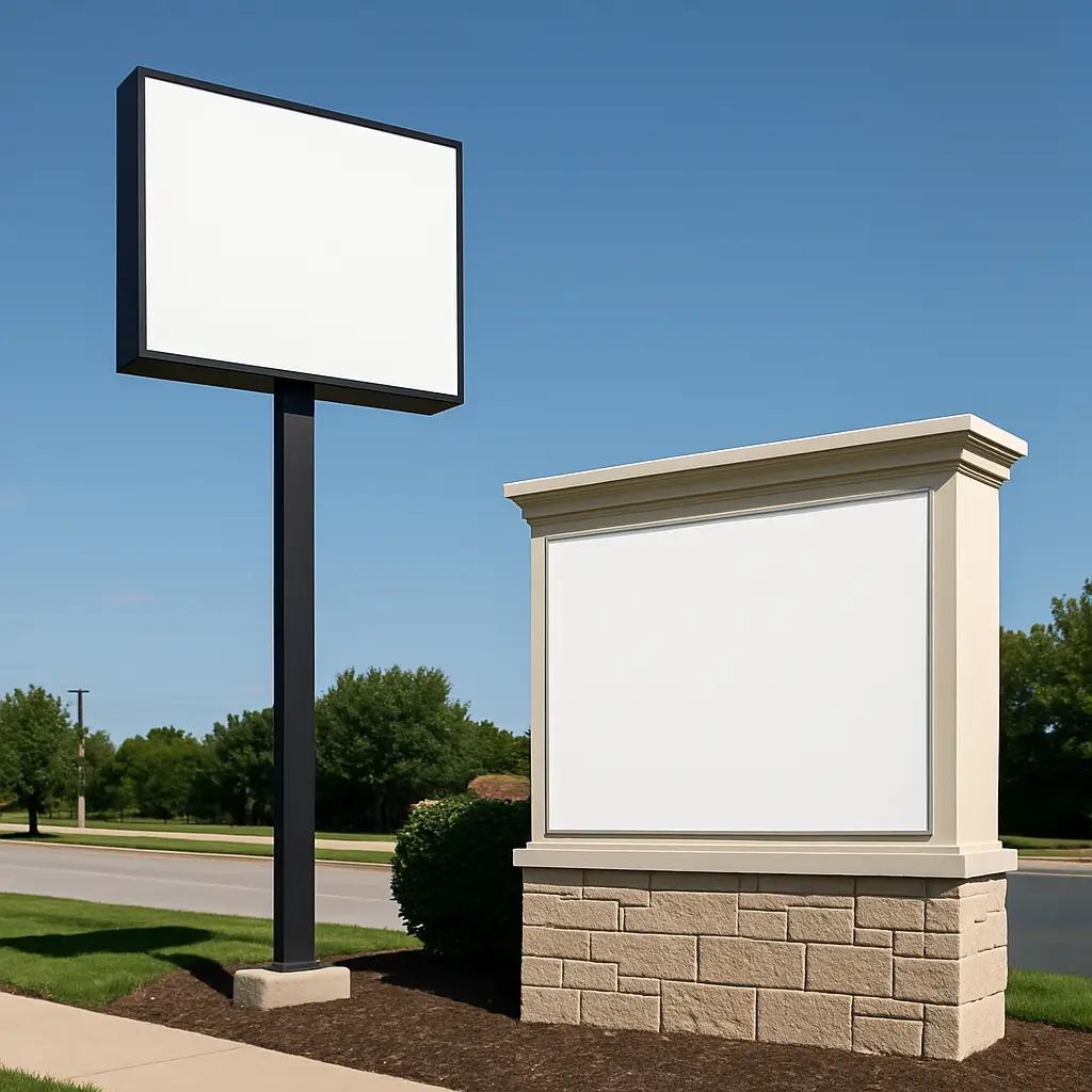 A tall pylon sign contrasts with an elegant monument sign, illustrating key differences in pylon vs monument signs for businesses.