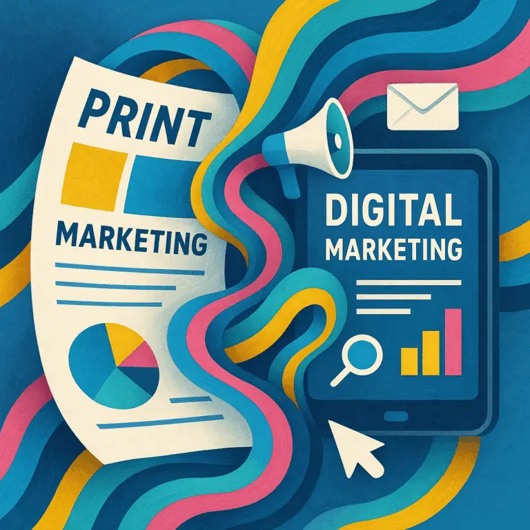 A creative visual showing print and digital marketing elements blending, symbolizing seamless integration for a unified strategy.