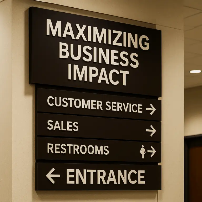 Strategic indoor signage with directional arrows and a brand logo guides a diverse group of customers through a modern business lobby.