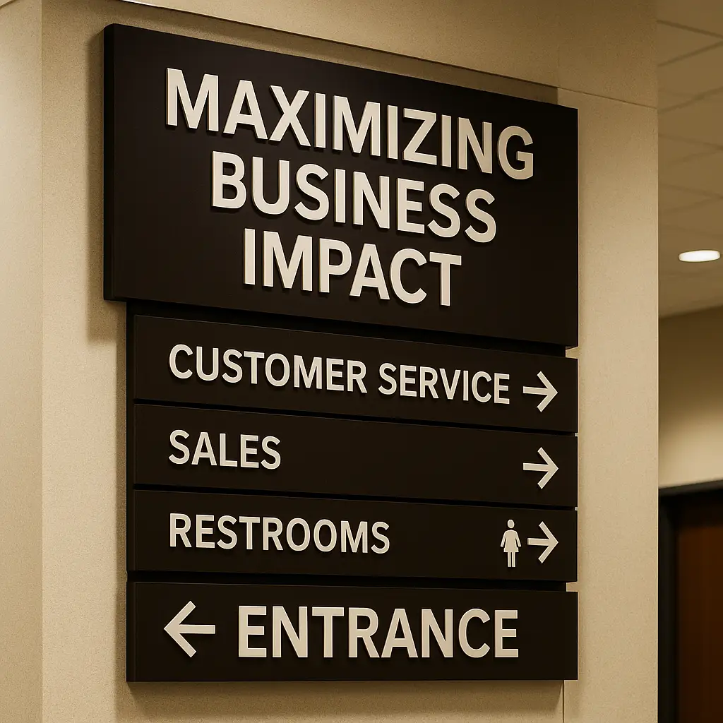 Strategic indoor signage with directional arrows and a brand logo guides a diverse group of customers through a modern business lobby.