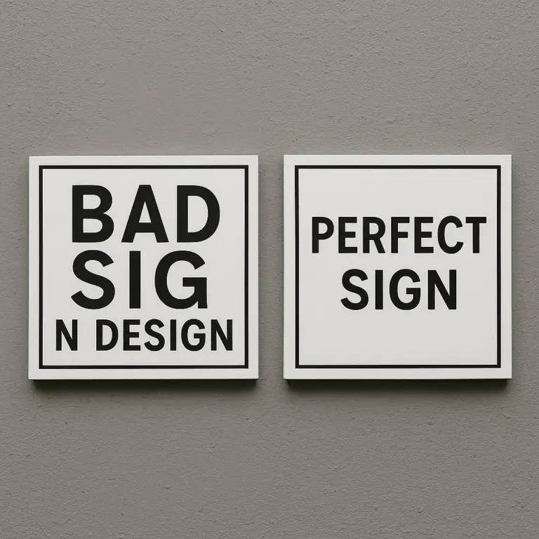 A split image showing a poorly designed sign with common signage design mistakes next to an example of a perfectly designed, effective business sign.