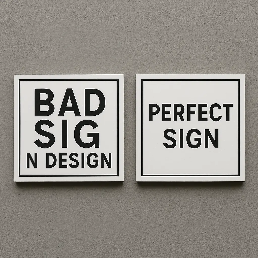A split image showing a poorly designed sign with common signage design mistakes next to an example of a perfectly designed, effective business sign.
