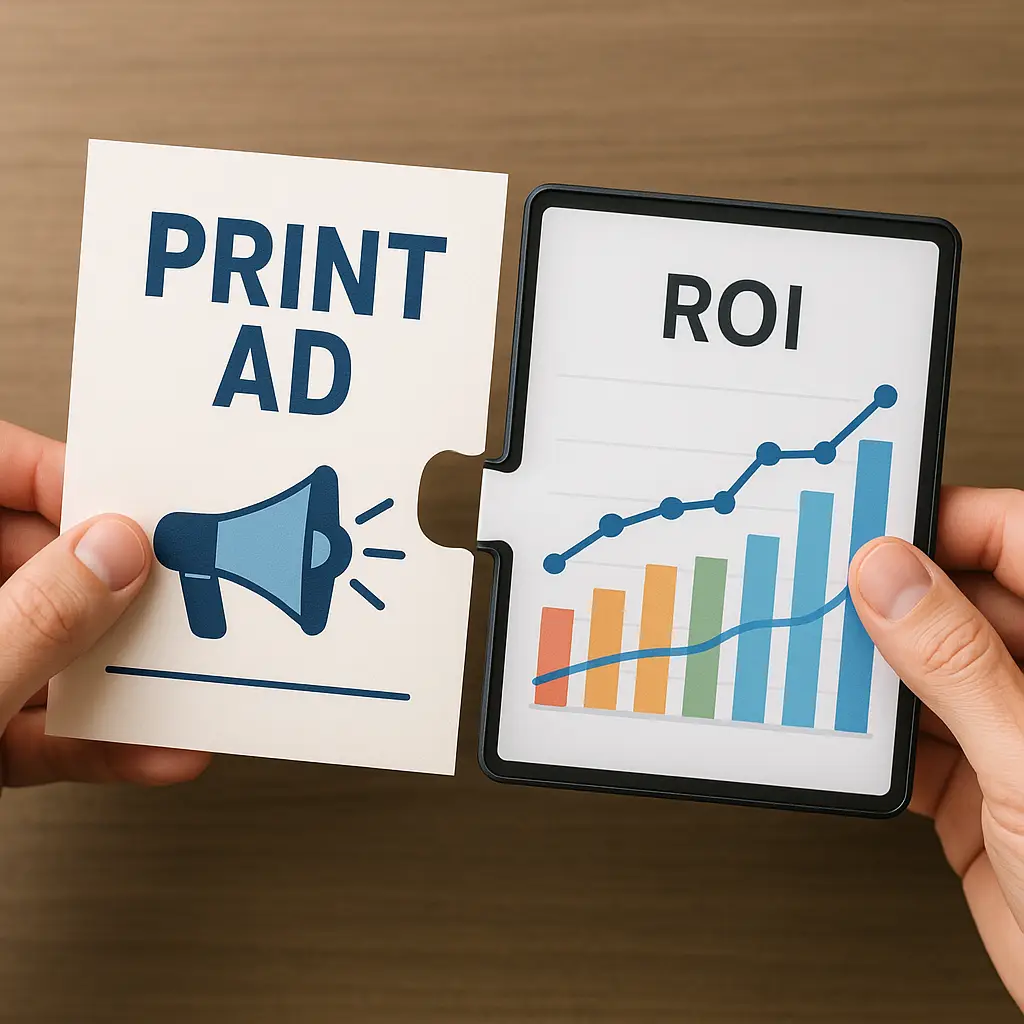 Hands connect a print ad to a digital screen showing data, effectively demonstrating tracking print marketing ROI.
