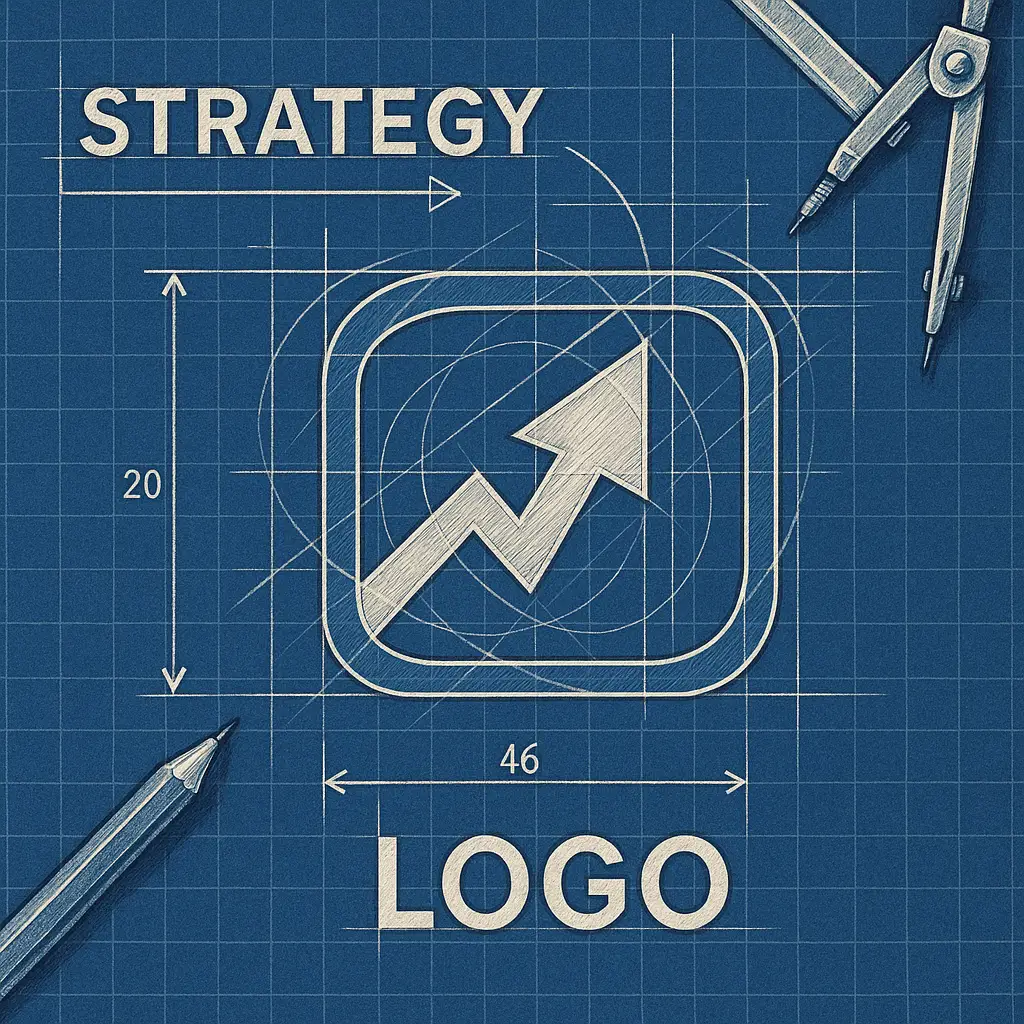 An architect's blueprint with construction tools signifies why brand strategy before logo is essential for a strong brand foundation.