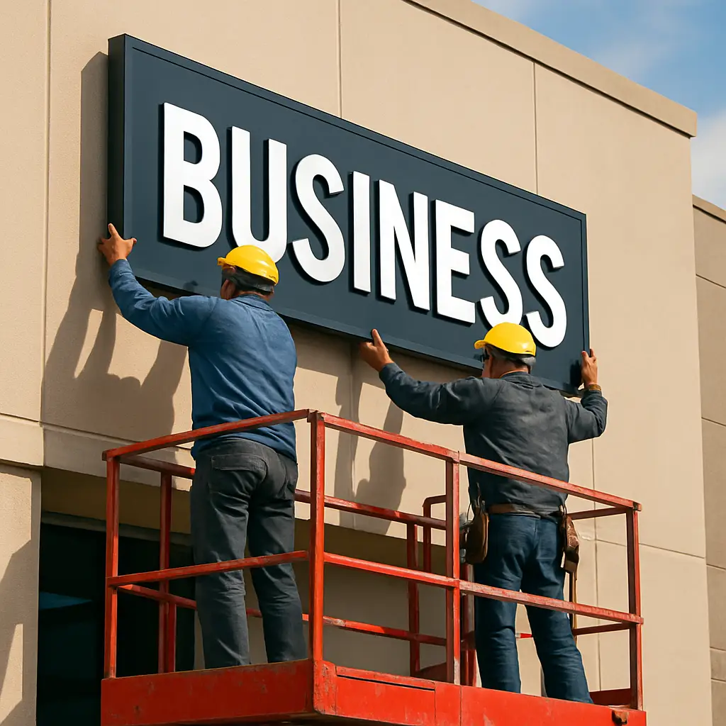 Professional sign installation in progress, showing skilled workers securing a large business sign on a building facade.