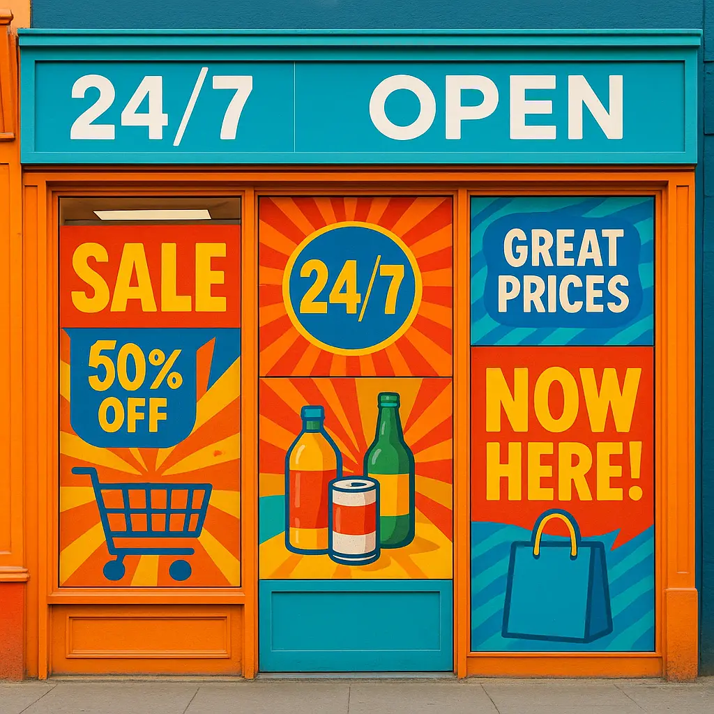 A dynamic storefront featuring eye-catching store window graphics that illustrate its transformation into a 24/7 advertising billboard.