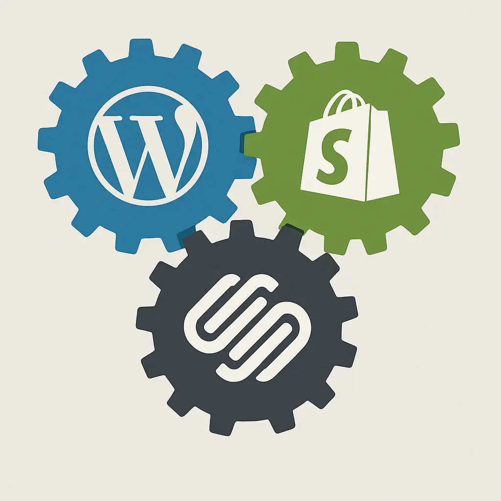 Gears representing WordPress, Shopify, and Squarespace, interlocking to choose the best CMS for business.