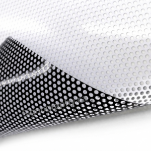 Storefront window with custom perforated vinyl graphics